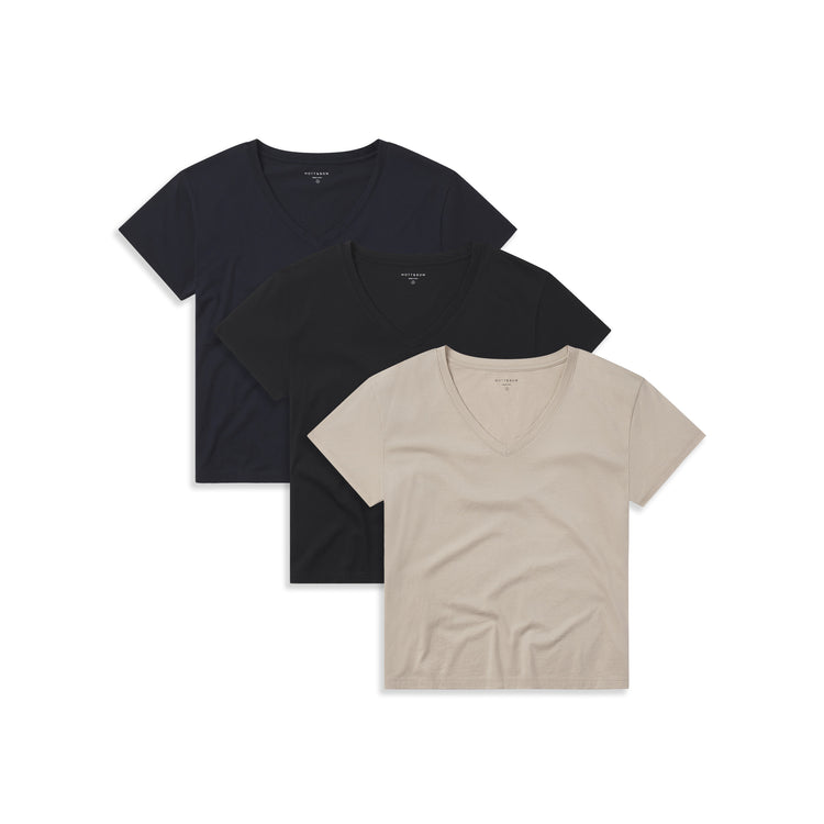 Women wearing Black/Navy/Oat Cotton Relaxed V-Neck Tee 3-Pack