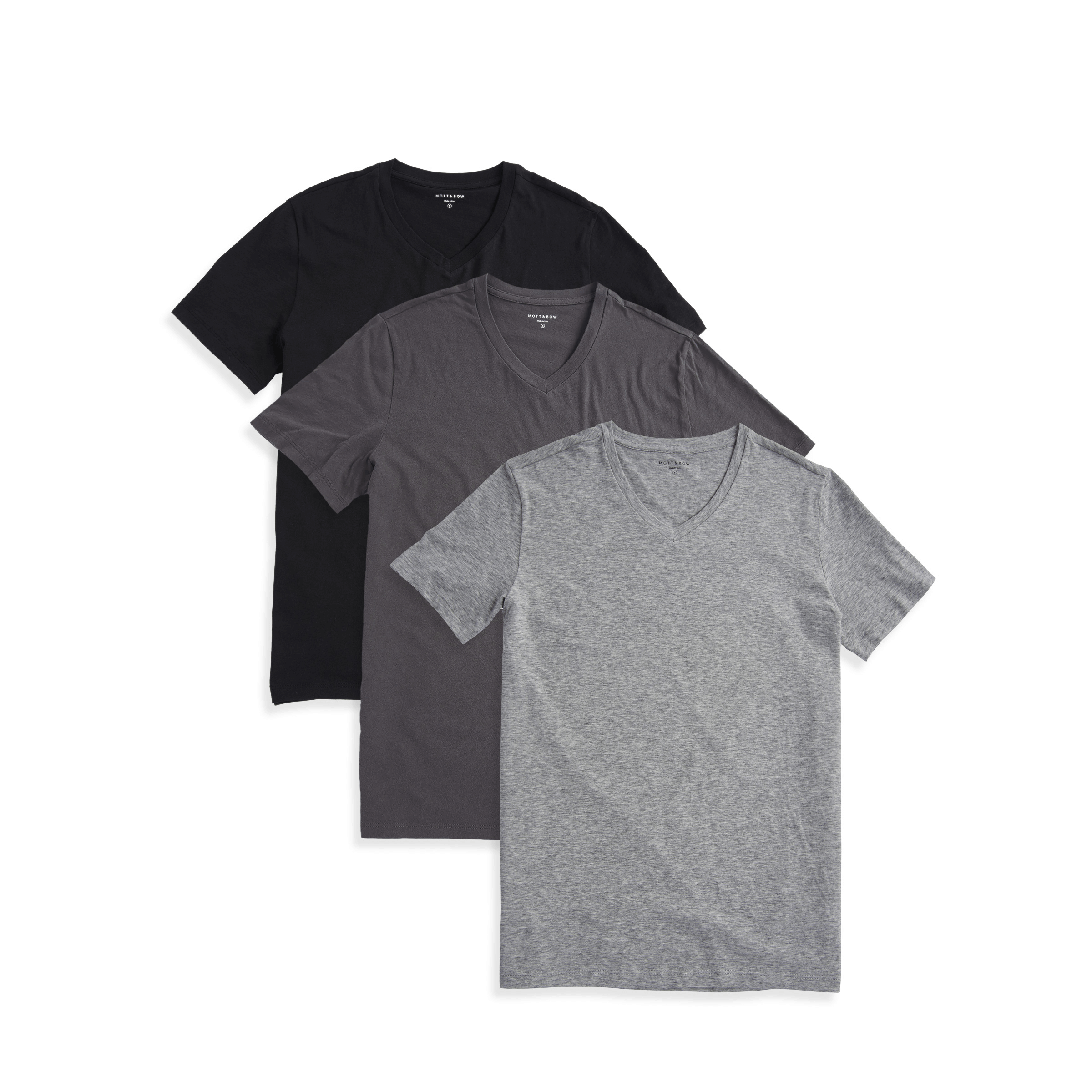 wearing Black/Dark Gray/Heather Gray Classic V-Neck Driggs 3-Pack tees