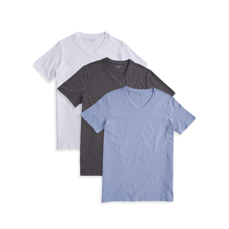 Men wearing Dark Gray/California Blue/White Classic V-Neck Driggs 3-Pack tees