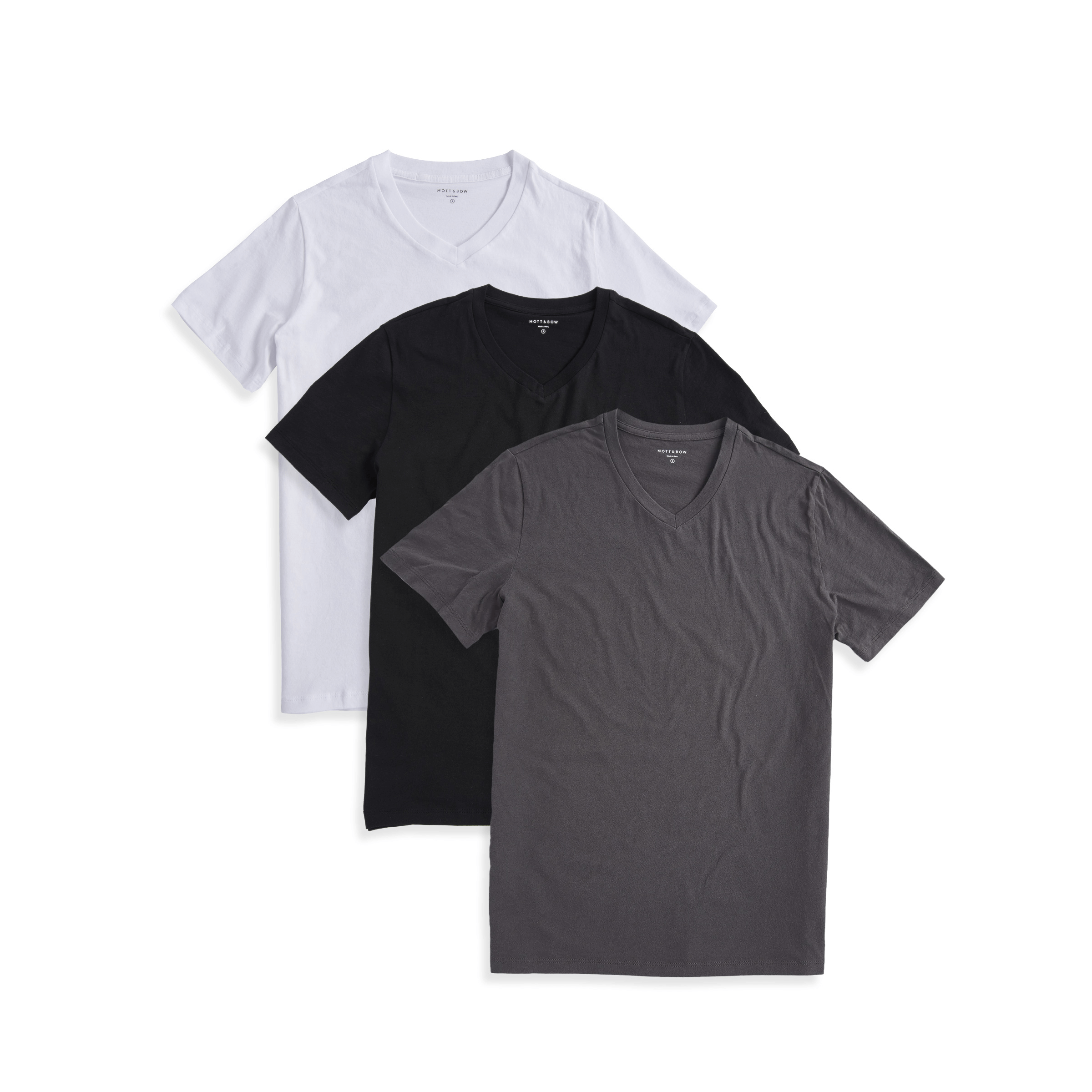  wearing White/Black/Dark Gray Classic V-Neck Driggs 3-Pack tees