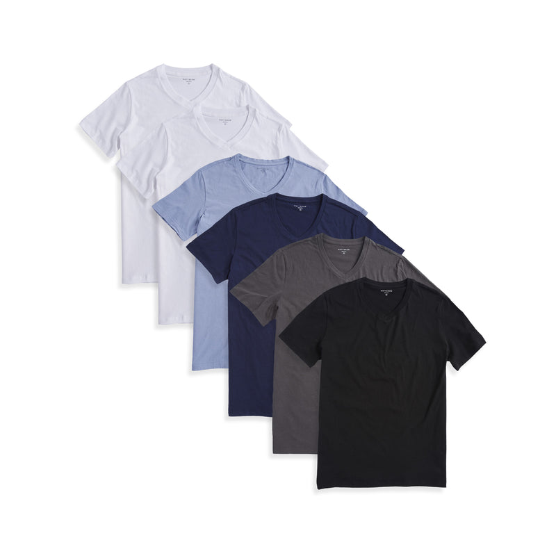 Men wearing White/White/California Blue/Navy/Dark Gray/Black Classic V-Neck Driggs 6-Pack tees