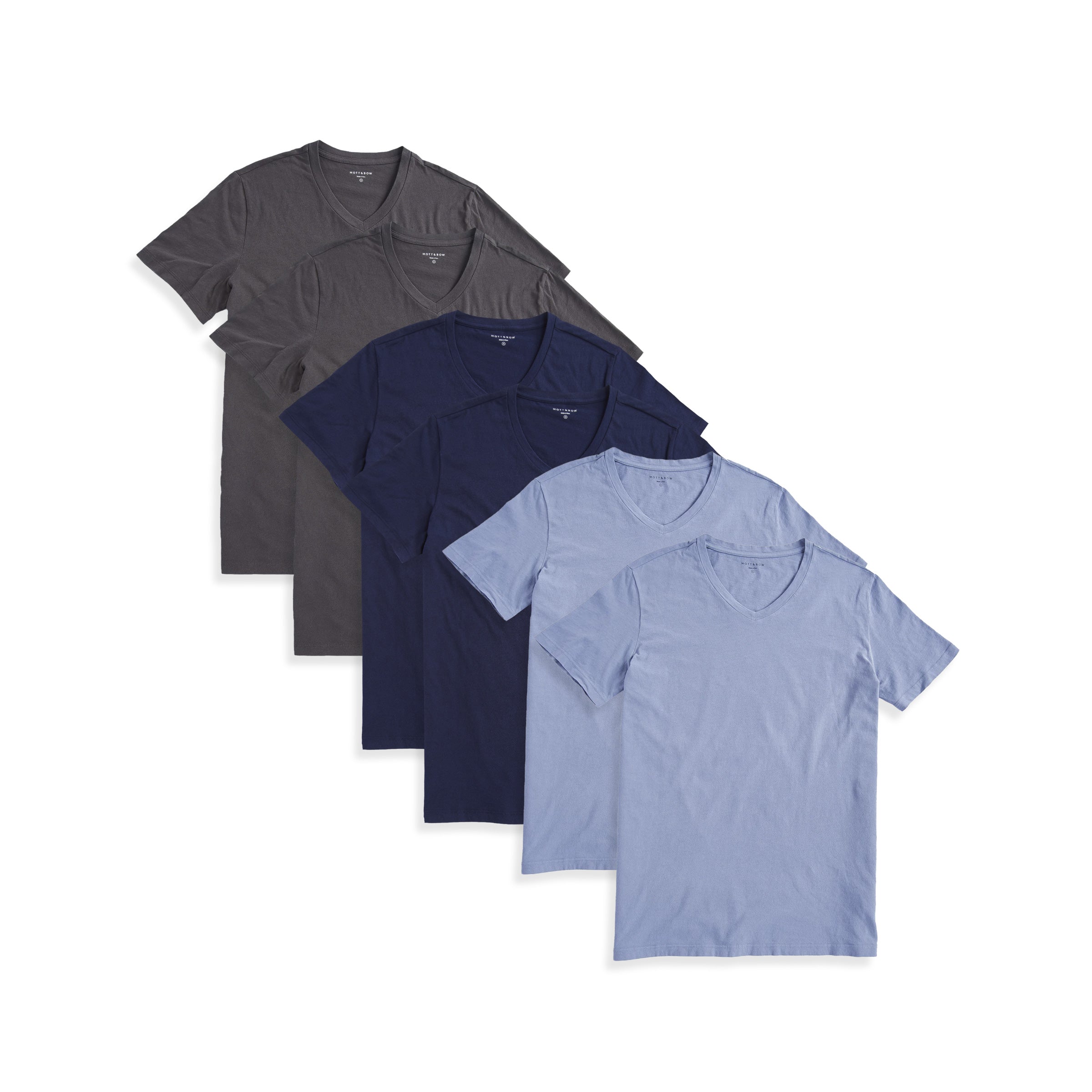  wearing 2 Dark Gray/2 California Blue/2 Navy Classic V-Neck Driggs 6-Pack tees