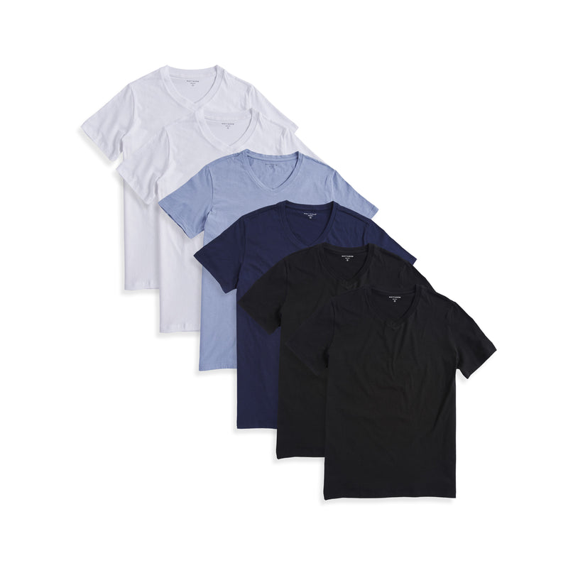 Men wearing Black/Black/Navy/California Blue/White/White Classic V-Neck Driggs 6-Pack tees