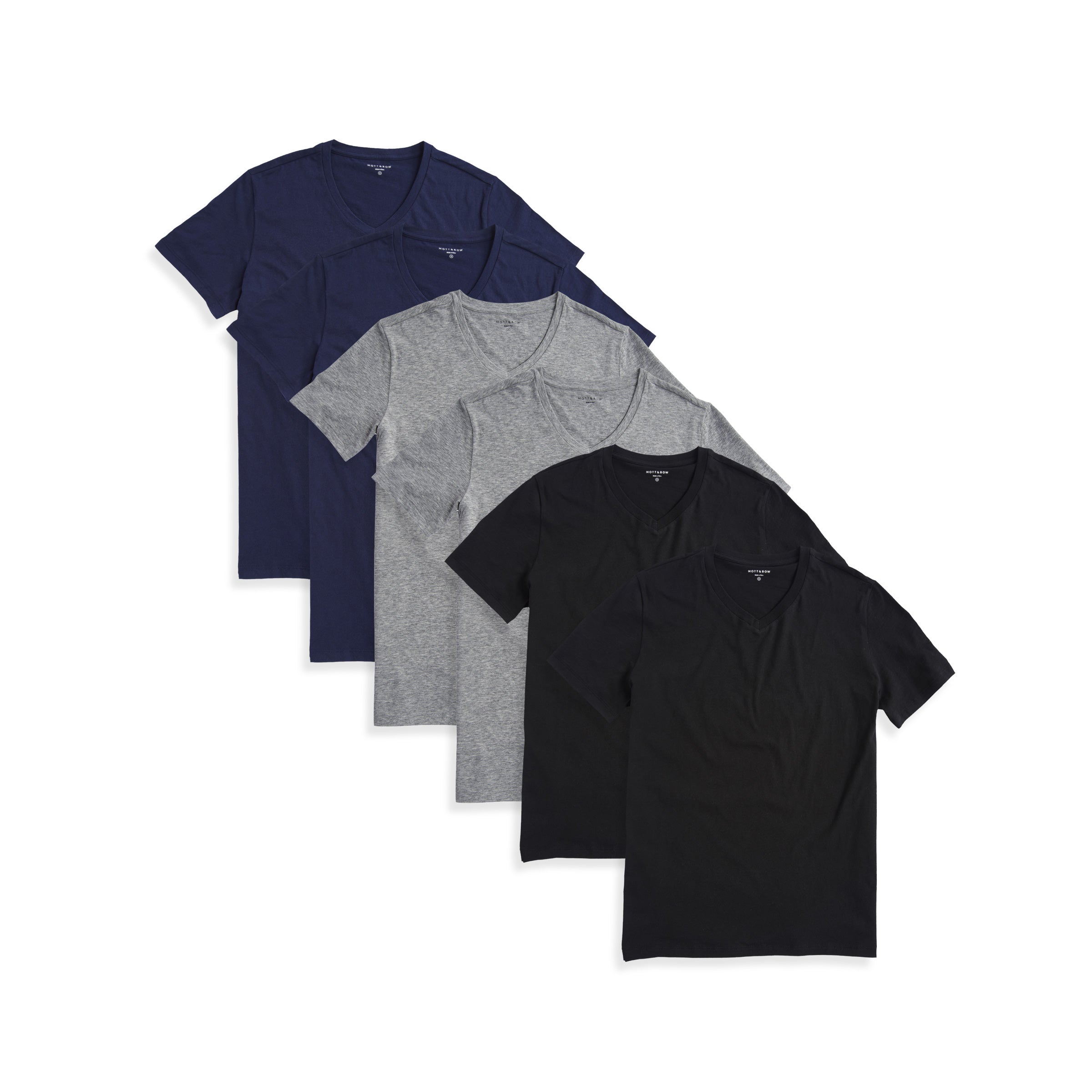  wearing 2 Black/2 Navy/2 Heather Gray Classic V-Neck Driggs 6-Pack tees