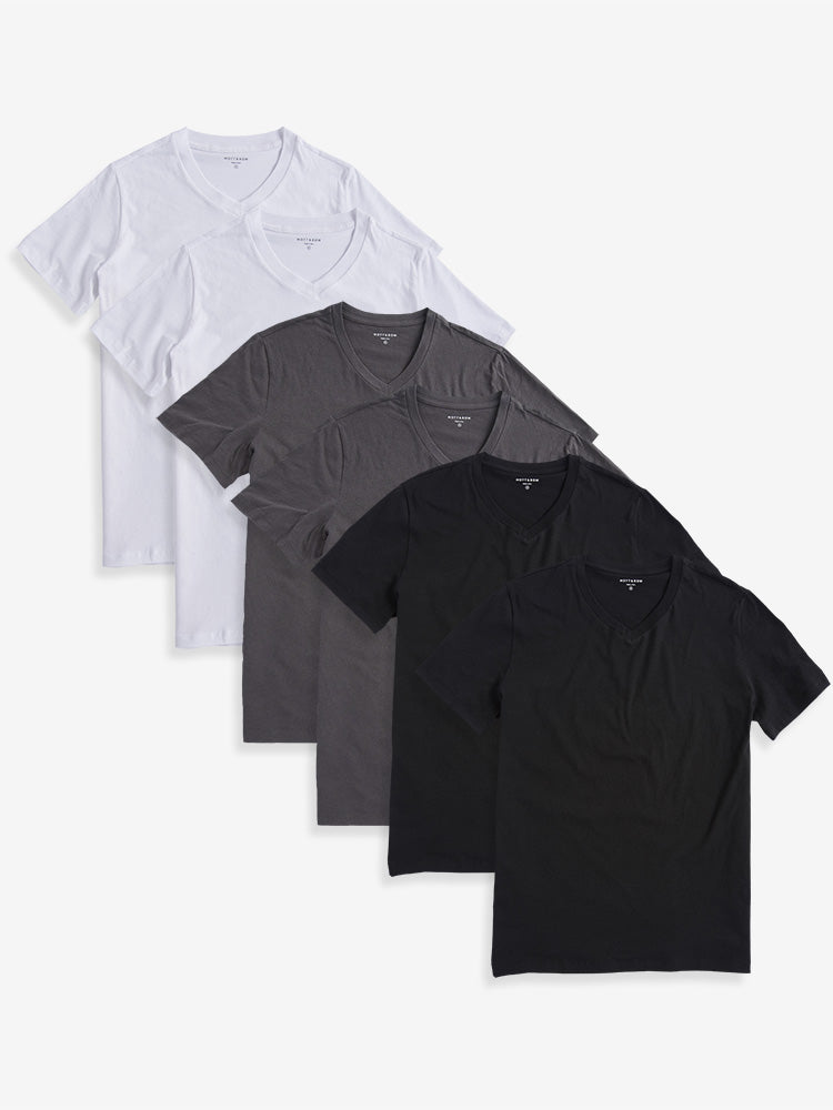 Men wearing Black/Dark Gray/White Classic V-Neck Driggs 6-Pack tees
