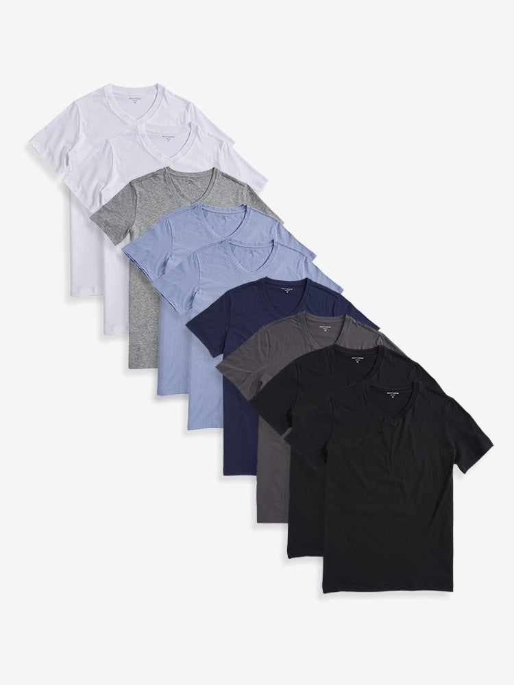Men wearing 2 Black/Dark Gray/Navy/2 California Blue/Heather Gray/2 White Classic V-Neck Driggs 9-Pack tees