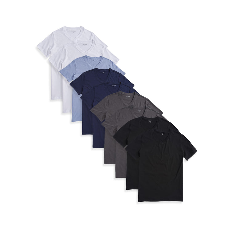  wearing 2 Black/2 Dark Gray/ 2 Navy/California Blue/White Classic V-Neck Driggs 9-Pack