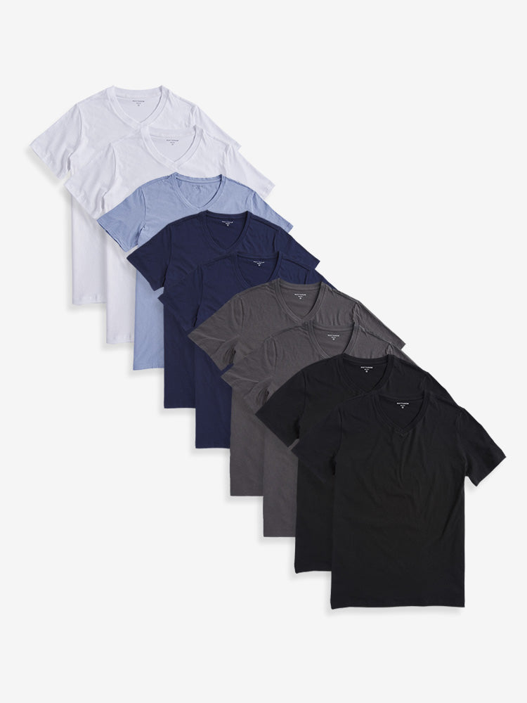 Men wearing 2 Black/2 Dark Gray/2 Navy/California Blue/2 White Classic V-Neck Driggs 9-Pack tees