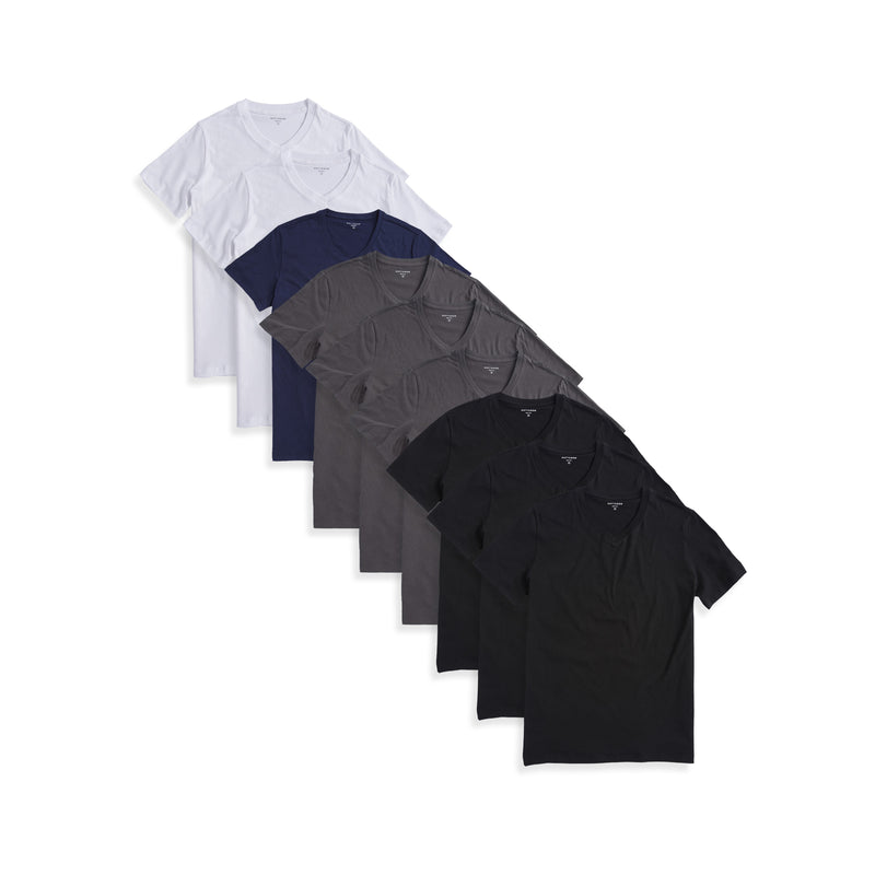  wearing 3 Black/3 Dark Gray/2 White/Navy Classic V-Neck Driggs 9-Pack