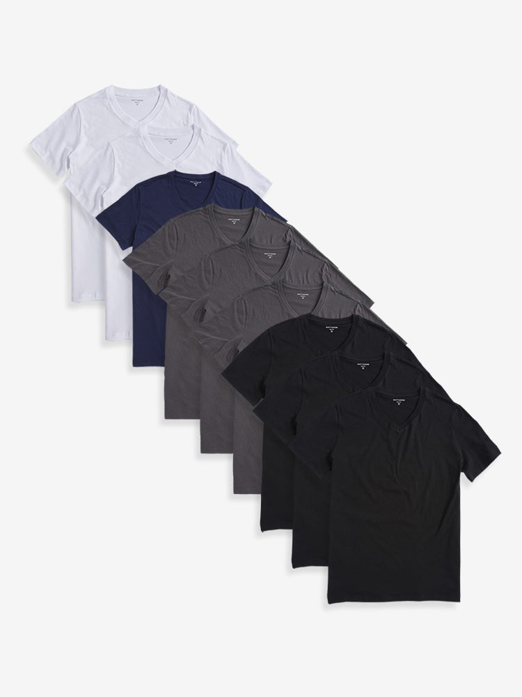 Men wearing 3 Black/3 Dark Gray/2 White/Navy Classic V-Neck Driggs 9-Pack tees