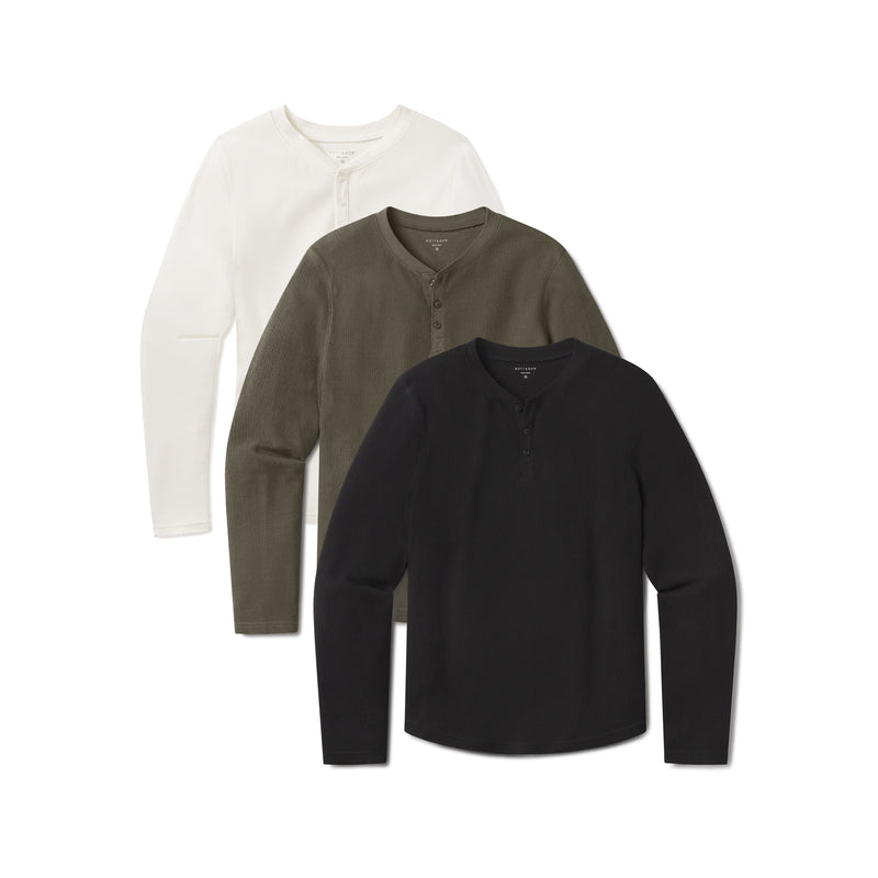 Men wearing Black/Bone/Dark Moss Cotton Waffle Curved Hem Henley 3-Pack tees