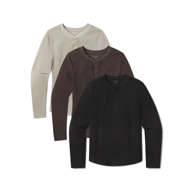 Men wearing Black/Taupe/Cocoa Cotton Waffle Curved Hem Henley 3-Pack