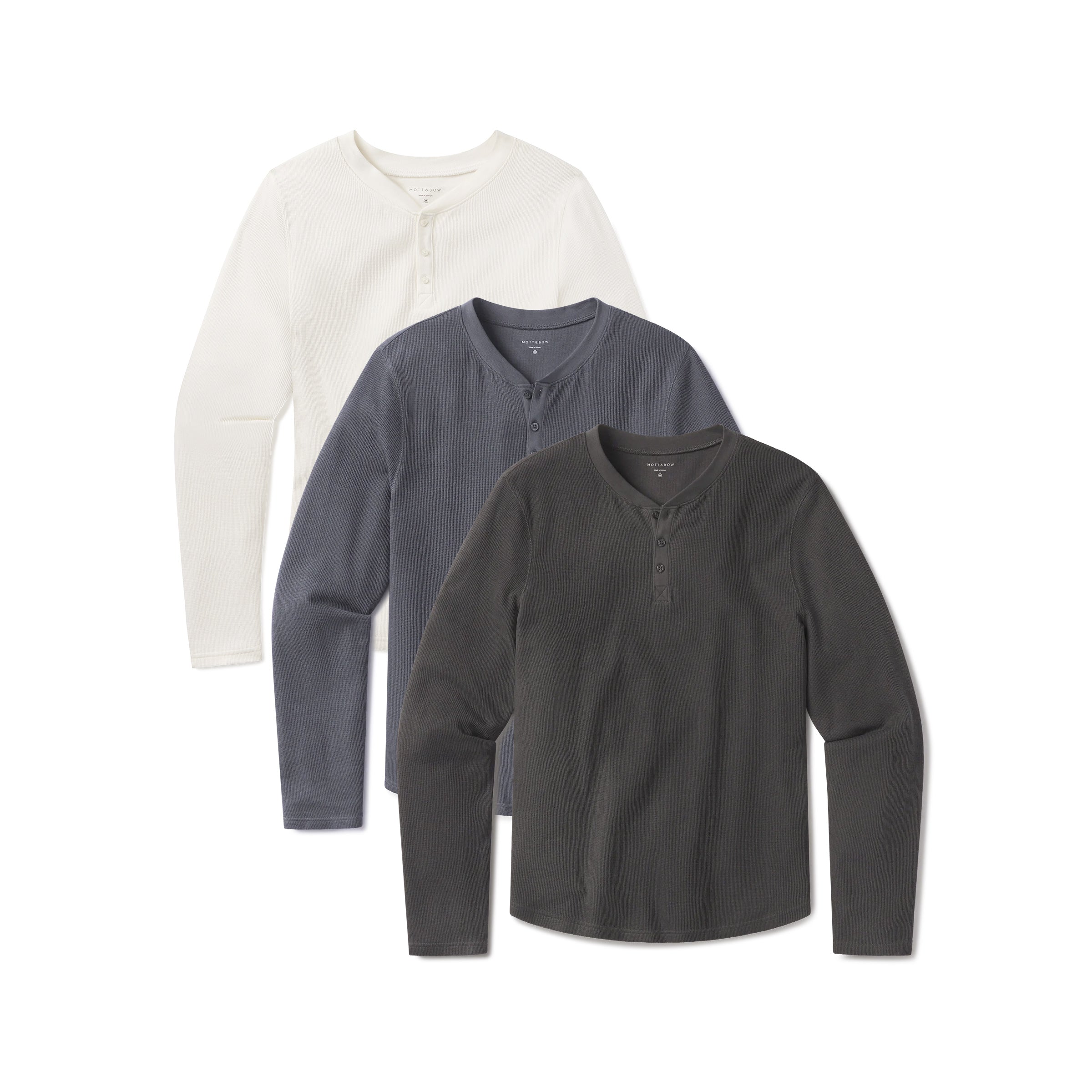 Men wearing Dark Gray/Blue Ink/Bone Cotton Waffle Curved Hem Henley 3-Pack tees
