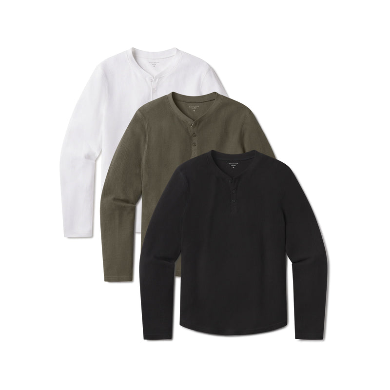 Men wearing White/Dark Moss/Black Cotton Waffle Curved Hem Henley 3-Pack tees