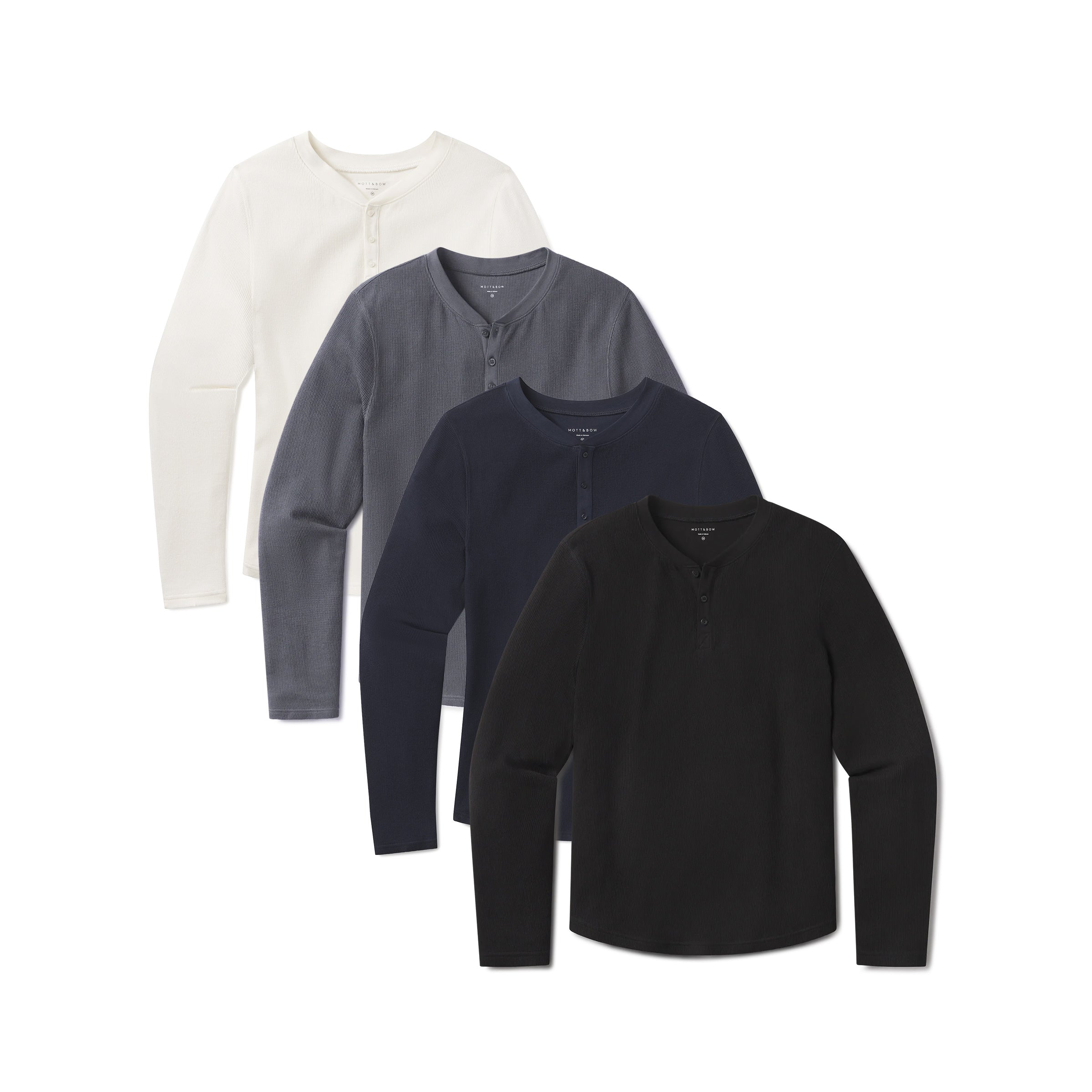 Men wearing Black/Blue Ink/Navy/Bone Cotton Waffle Curved Hem Henley 4-Pack tees