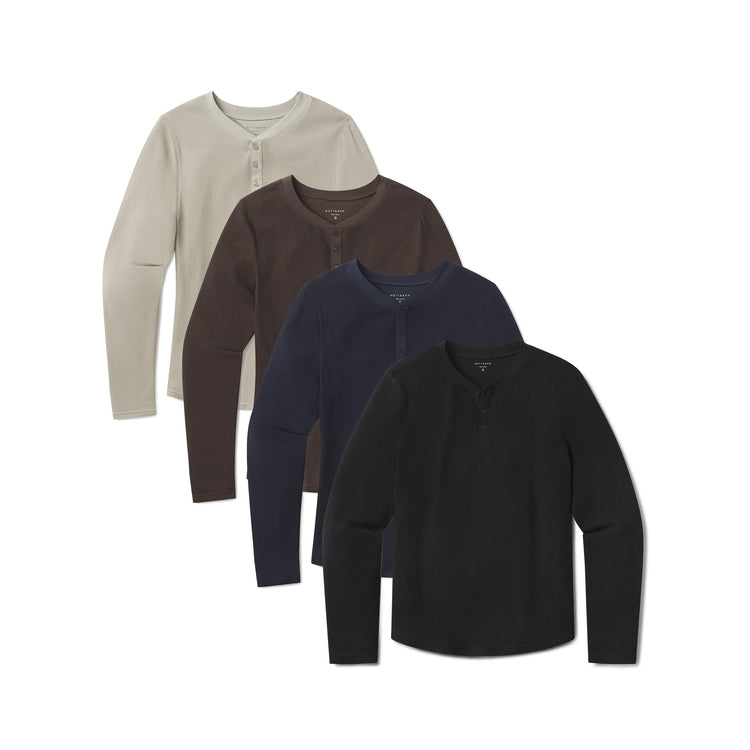 Men wearing Black/Taupe/Cocoa/Navy Cotton Waffle Curved Hem Henley 4-Pack