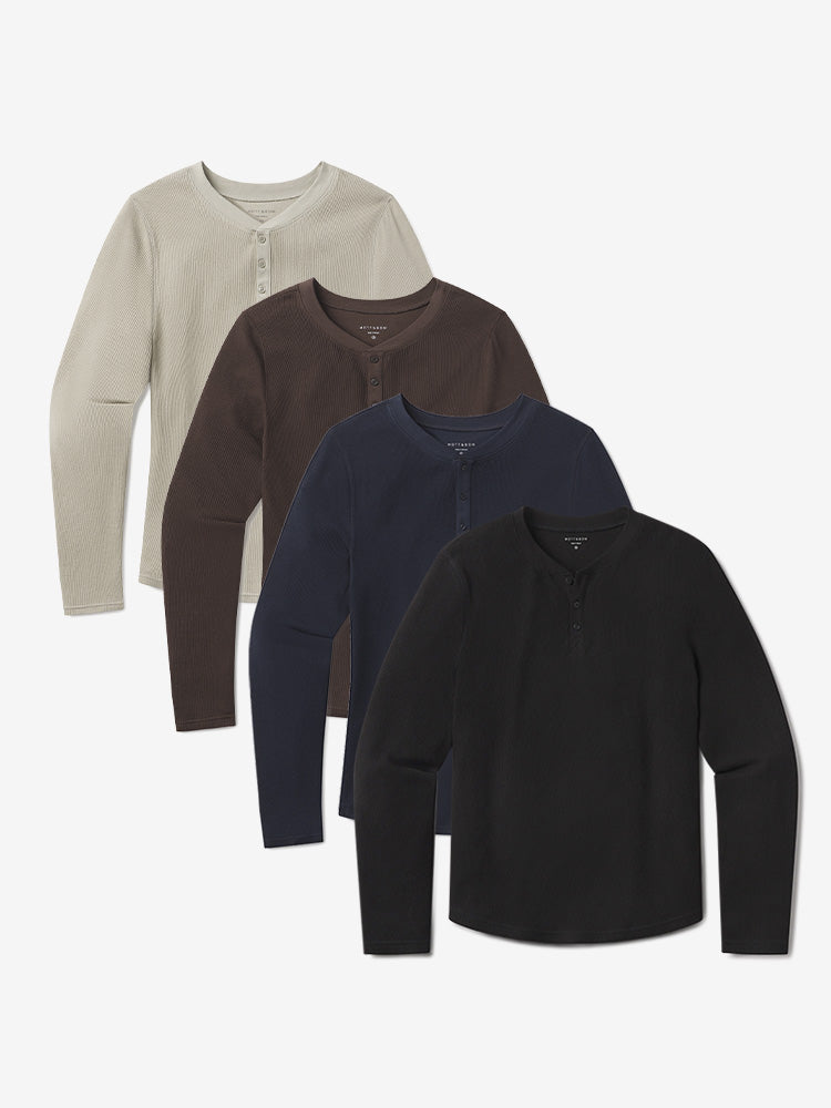 Men wearing Black/Taupe/Cocoa/Navy Cotton Waffle Curved Hem Henley 4-Pack