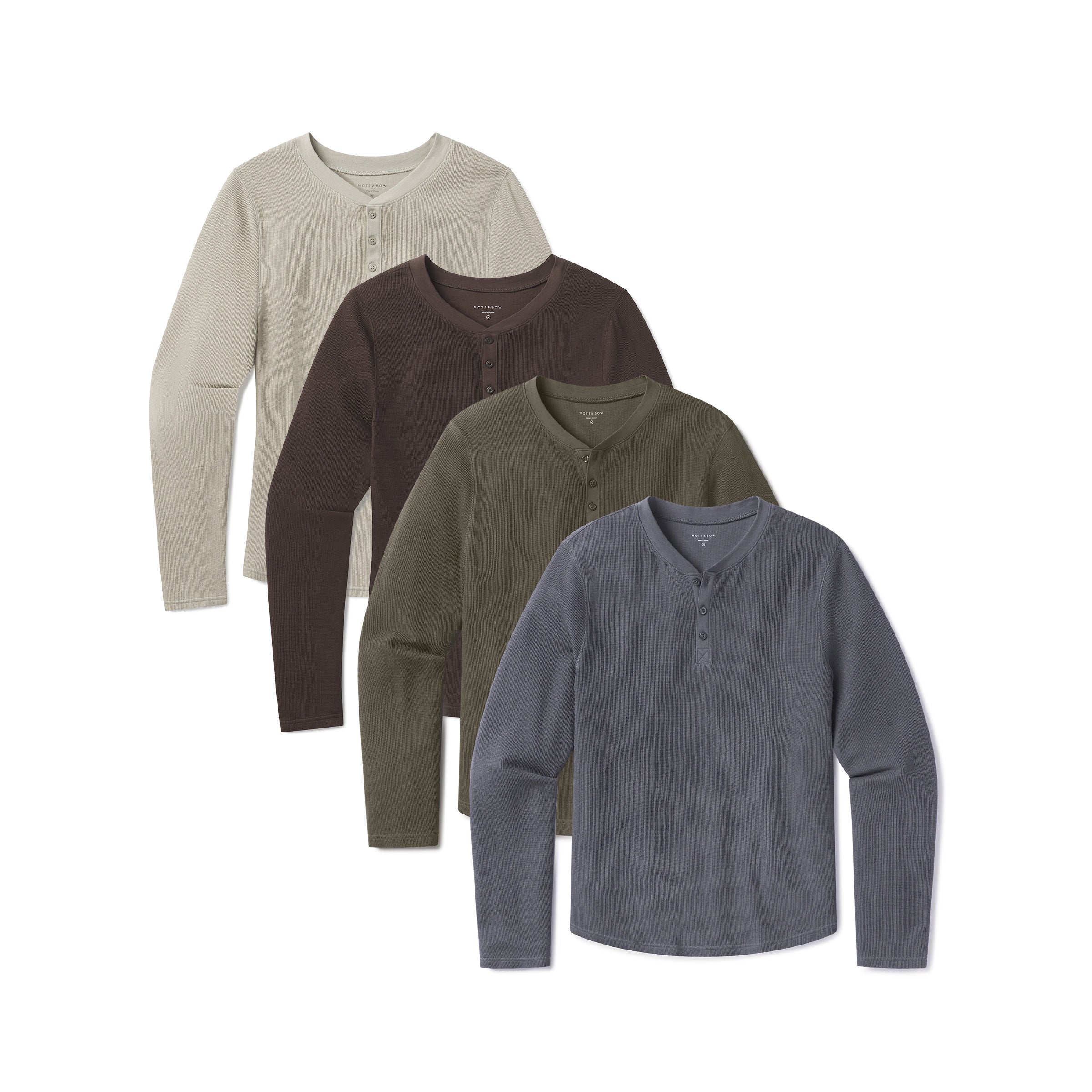 Men wearing Blue Ink/Cocoa/Dark Moss/Taupe Cotton Waffle Curved Hem Henley 4-Pack tees