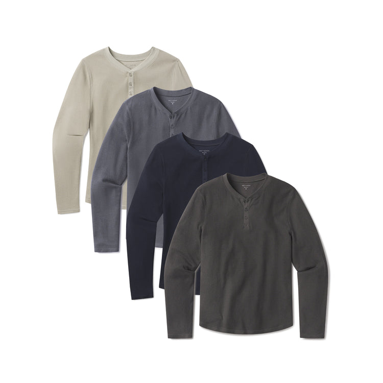 Men wearing Blue Ink/Navy/Taupe/Dark Gray Cotton Waffle Curved Hem Henley 4-Pack