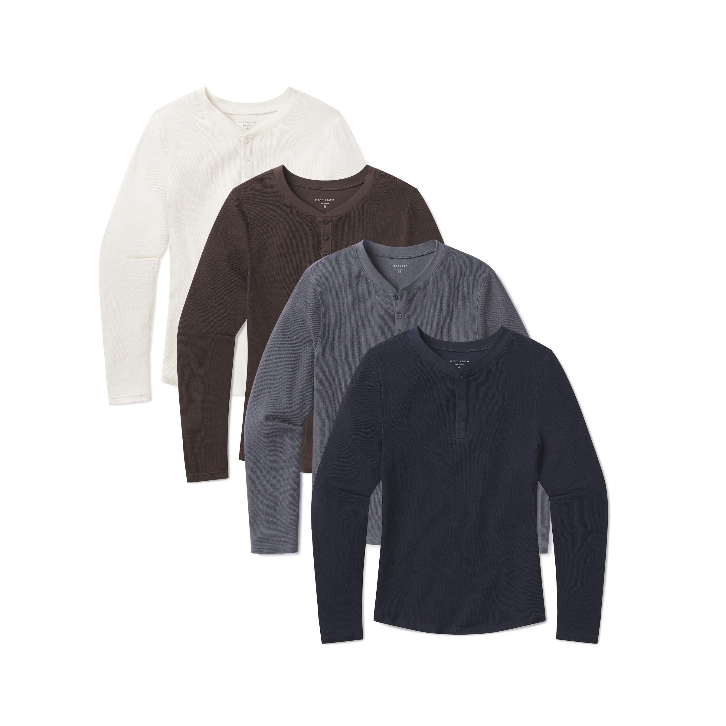 Men wearing Dark Gray/Blue Ink/Bone/Cocoa Cotton Waffle Curved Hem Henley 4-Pack tees
