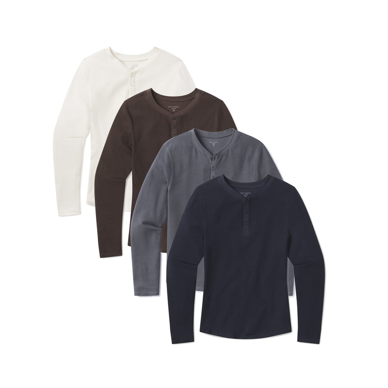 Men wearing Dark Gray/Blue Ink/Bone/Cocoa Cotton Waffle Curved Hem Henley 4-Pack tees