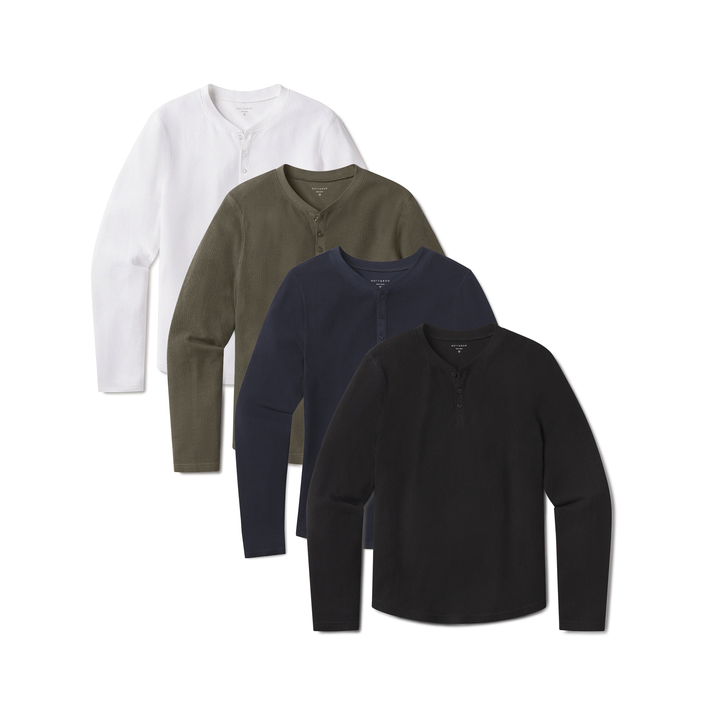 Men wearing White/Dark Moss/Black/Navy Cotton Waffle Curved Hem Henley 4-Pack tees