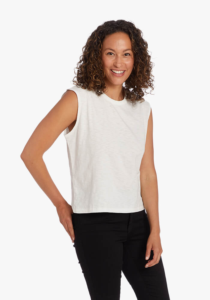 Women wearing Black Relaxed Slub Tank tees