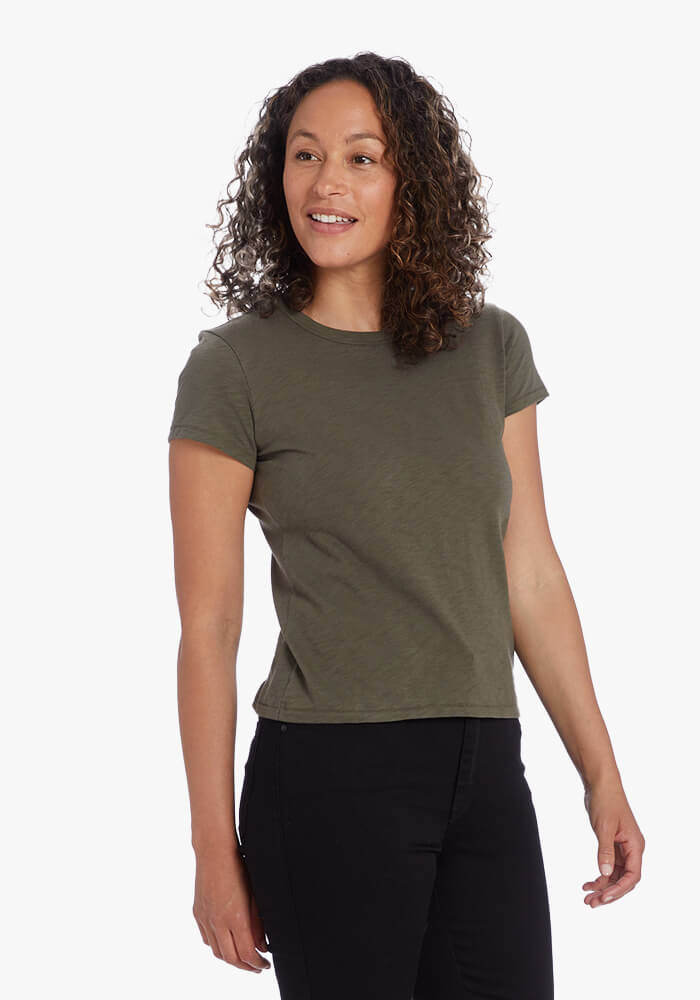 Women wearing Black Classic Crew Slub tees