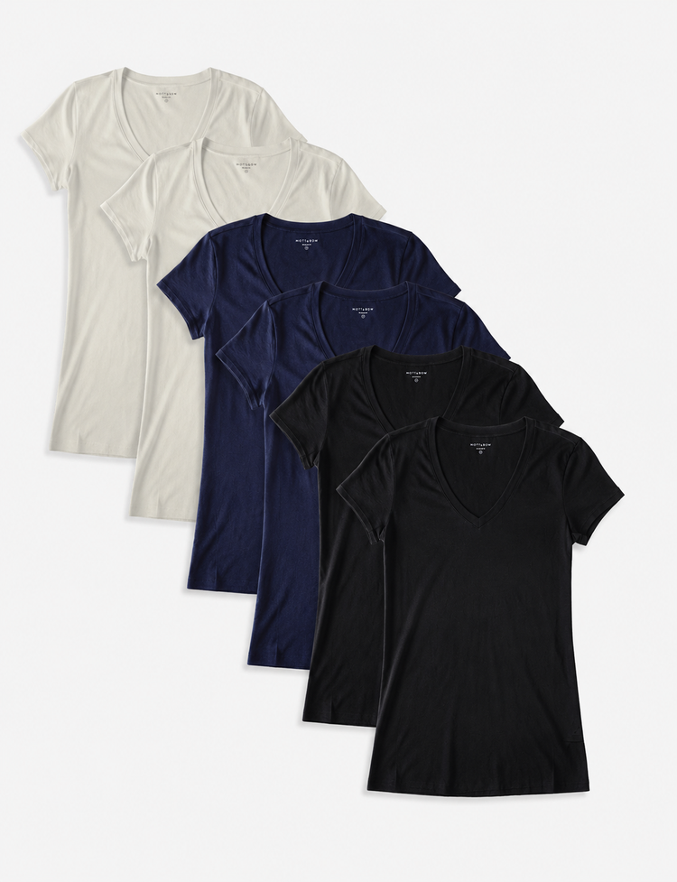 Women wearing Black/Navy/Vintage White Fitted V-Neck Marcy 6-Pack
