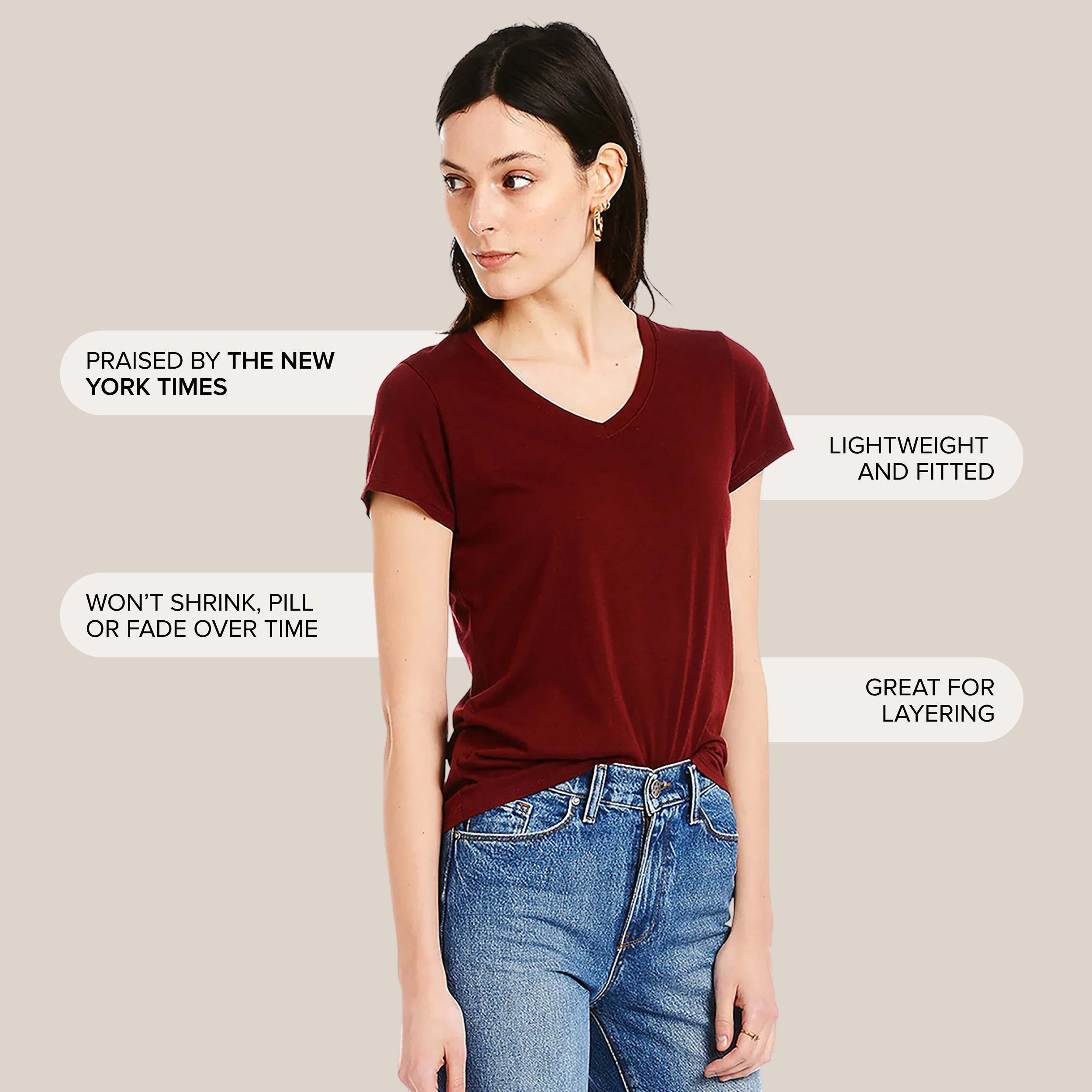 Women wearing Crimson Fitted V-Neck Marcy Tee