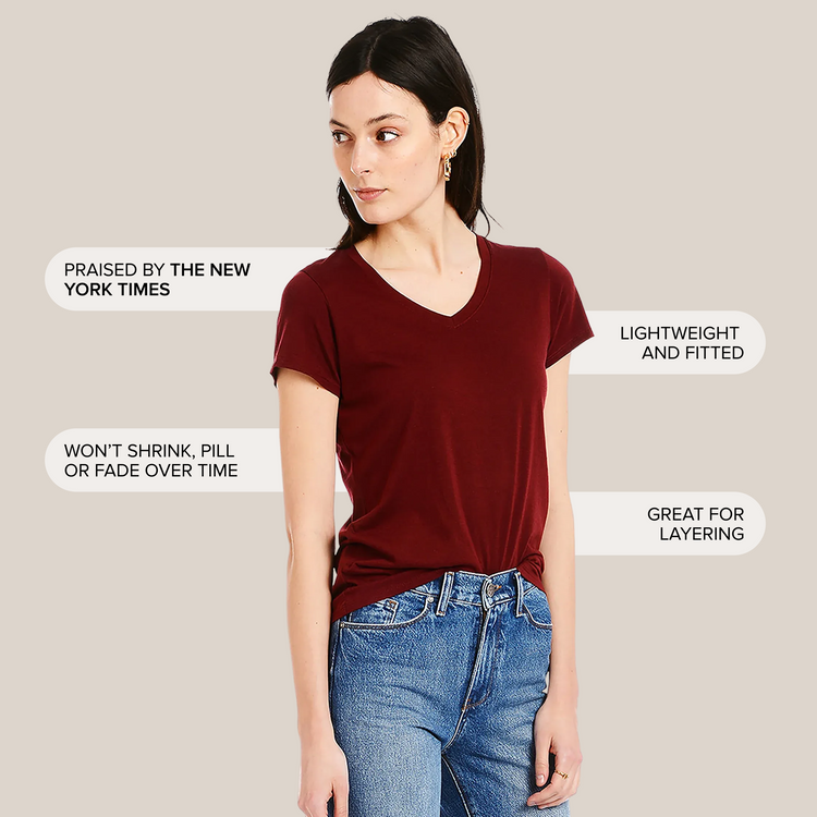 Women wearing Crimson Fitted V-Neck Marcy Tee