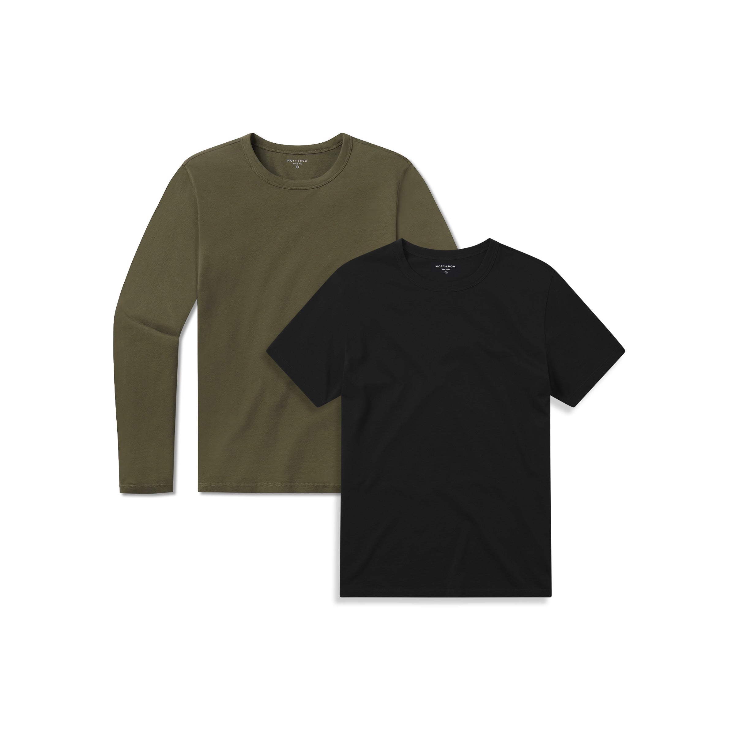  wearing Black/Dark Moss Short Long Sleeve Driggs 2-Pack tees