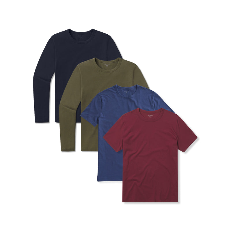  wearing Baltic Blue/Brick Red/Navy/Dark Moss Short Long Sleeve Driggs 4-Pack tees