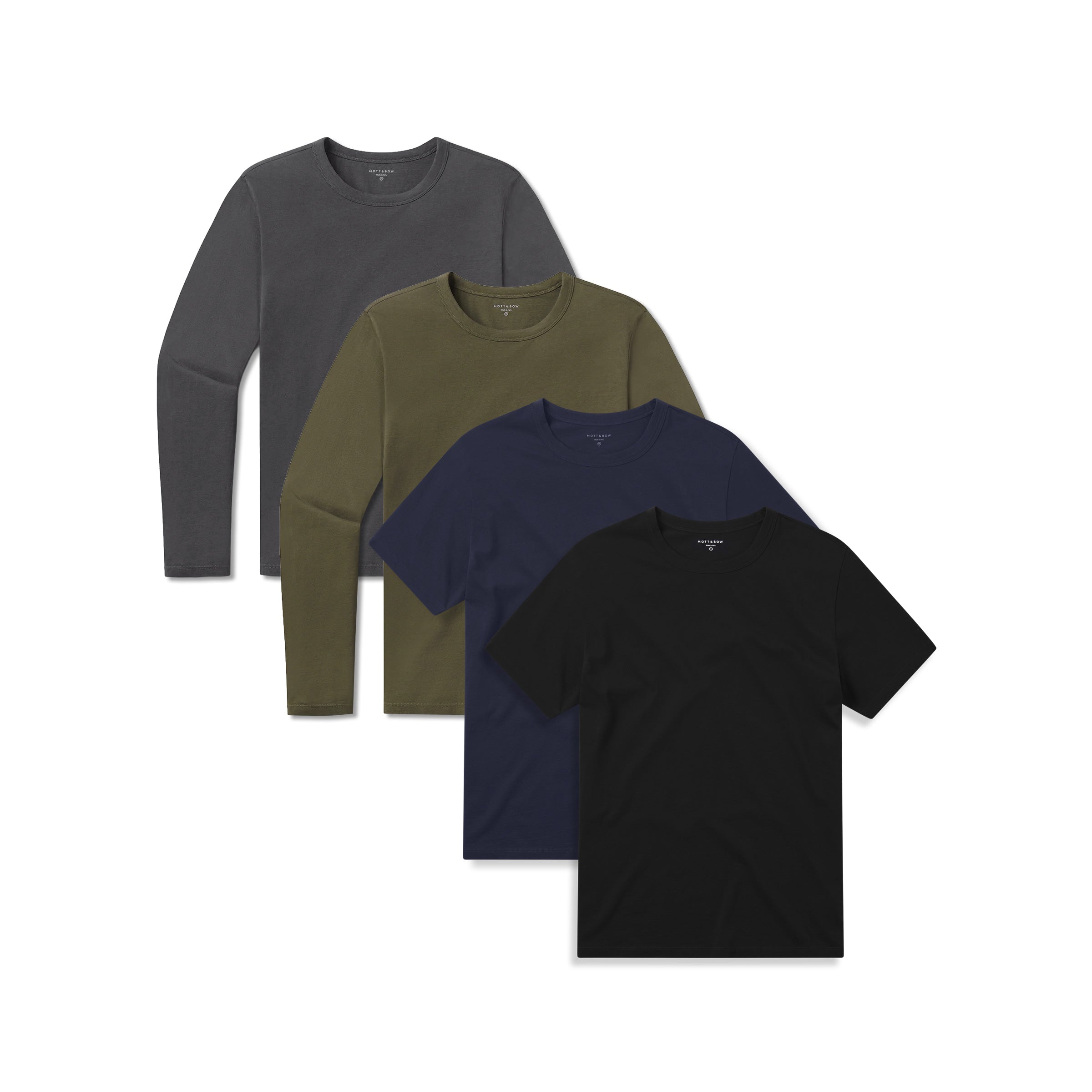  wearing Black/Navy/Dark Moss/Dark Gray Short Long Sleeve Driggs 4-Pack tees