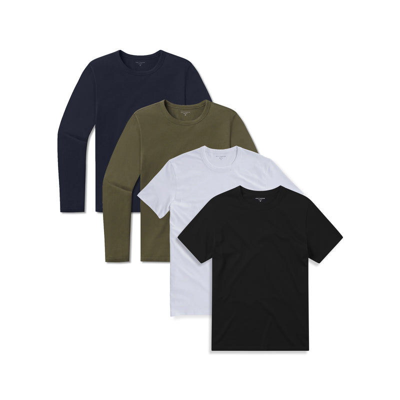  wearing Black/White/Navy/Dark Moss Short Long Sleeve Driggs 4-Pack tees