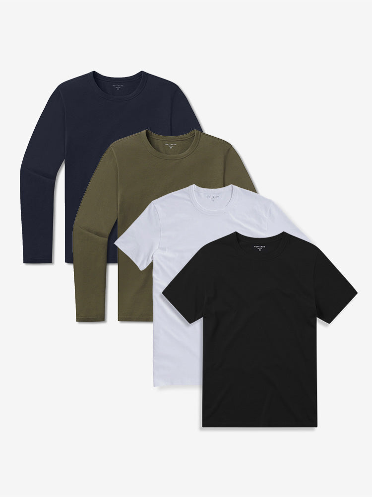  wearing Black/White/Navy/Dark Moss Short Long Sleeve Driggs 4-Pack