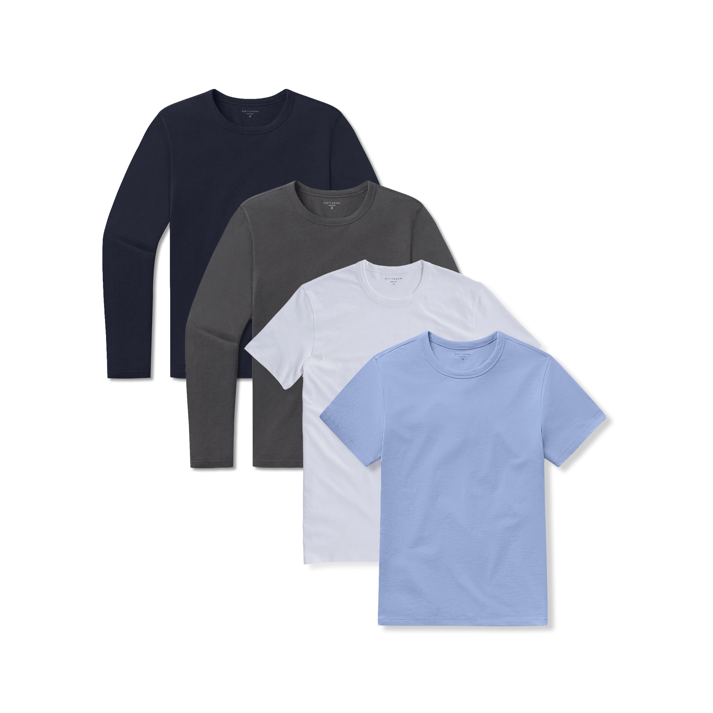  wearing White/California Blue/Navy/Dark Gray Short Long Sleeve Driggs 4-Pack tees