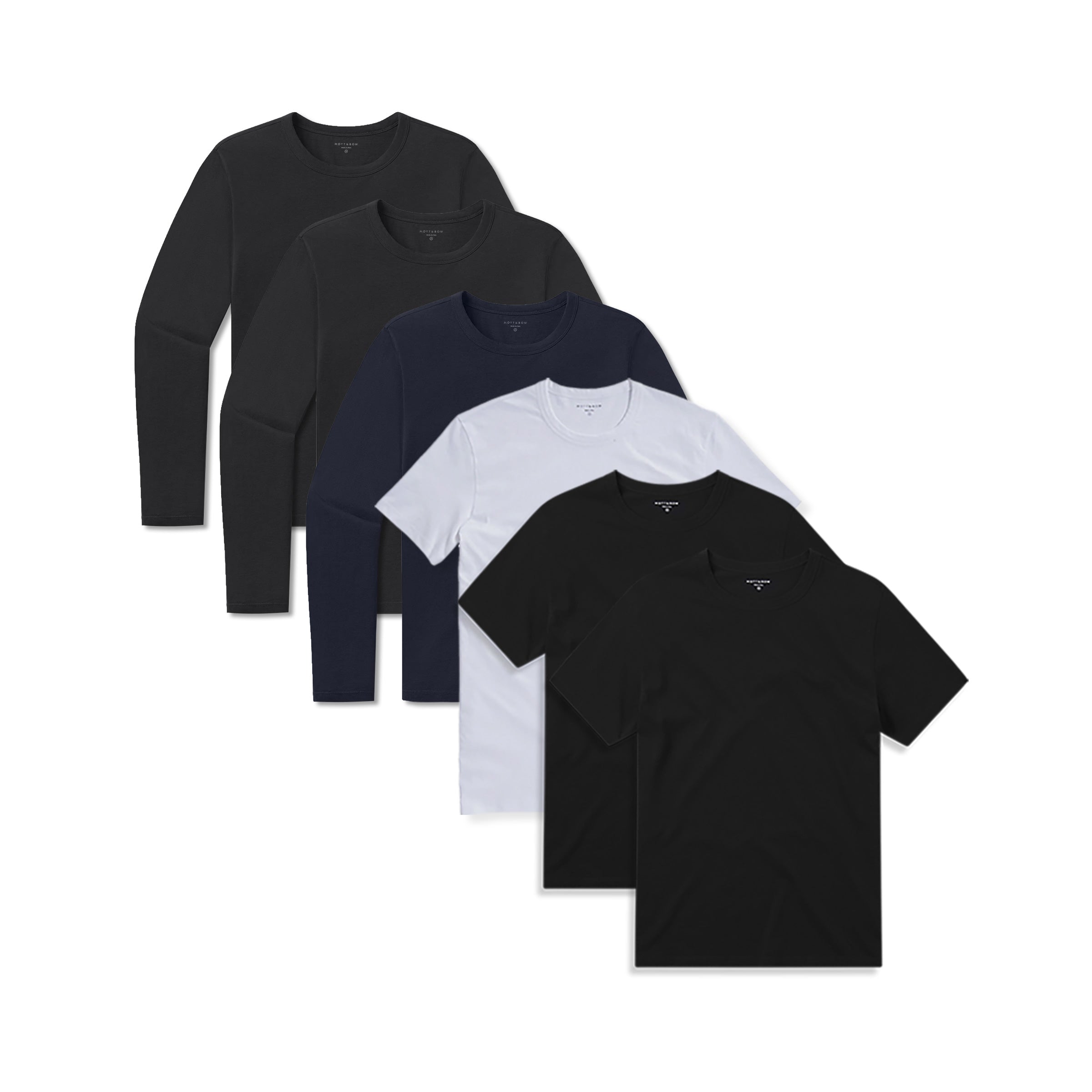  wearing Black/Black/White/Black/Black/Navy Short Long Sleeve Driggs 6-Pack tees