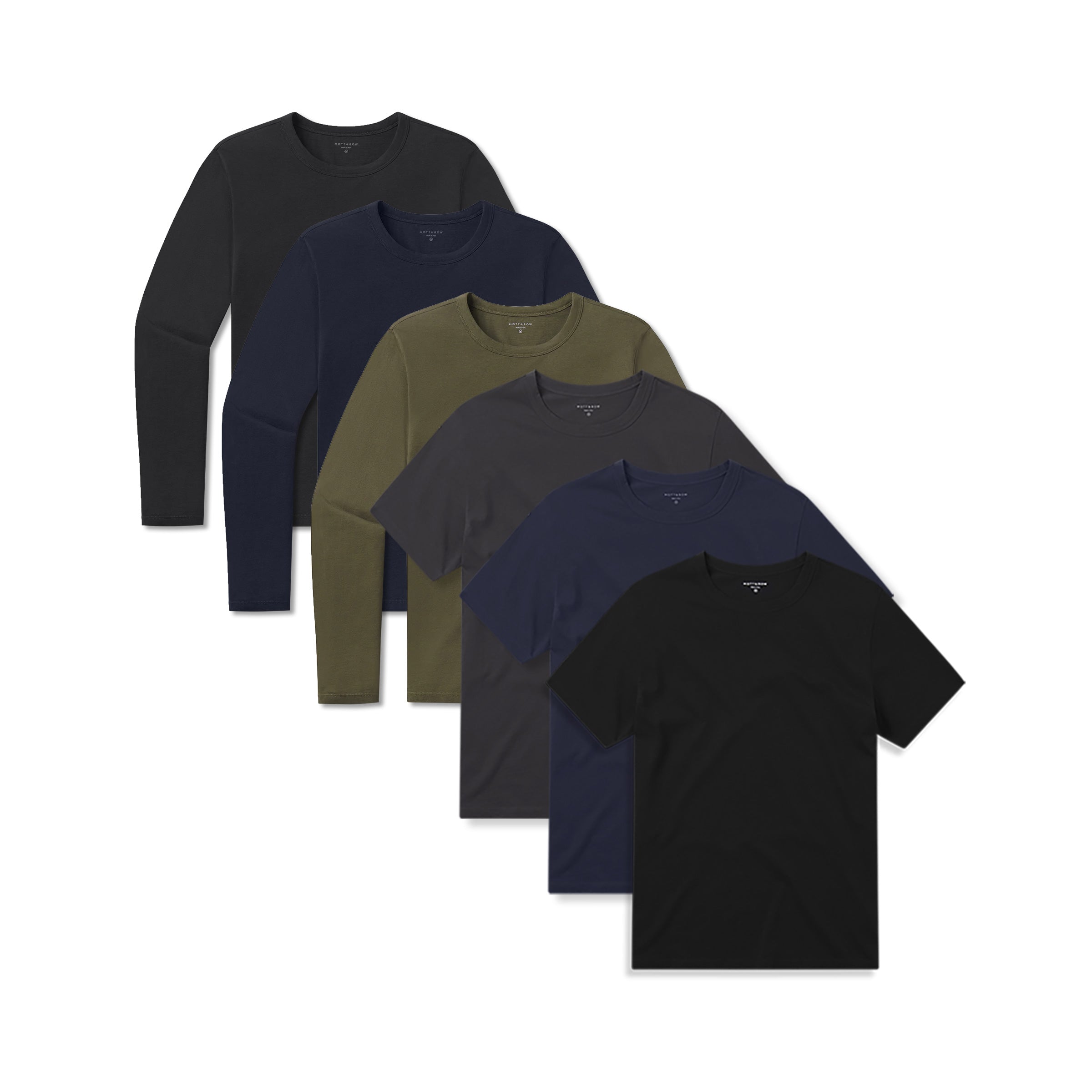  wearing Black/Navy/Dark Gray/Black/Navy/Dark Moss Short Long Sleeve Driggs 6-Pack tees
