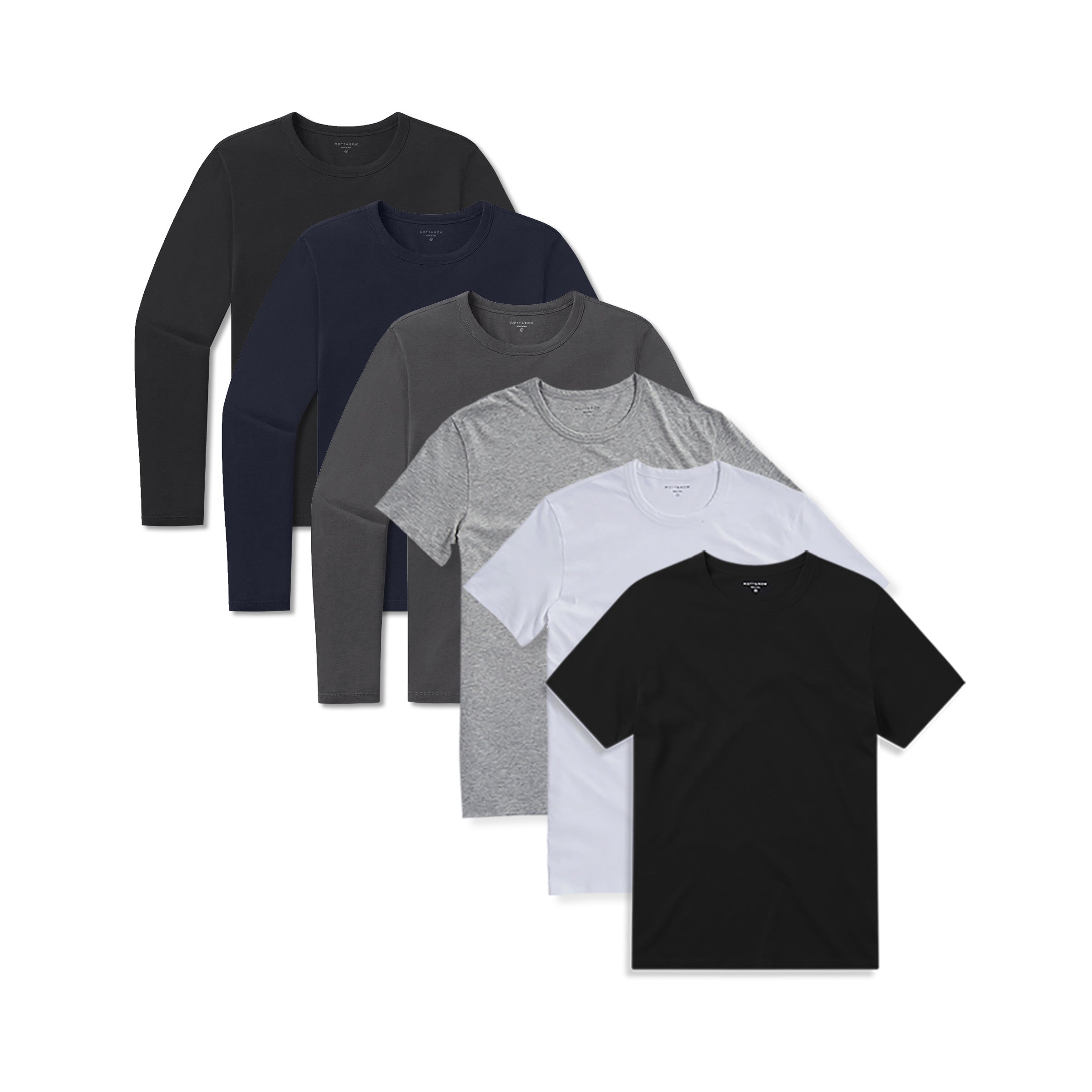  wearing Black/White/Heather Gray/Black/Dark Gray/Navy Short Long Sleeve Driggs 6-Pack tees