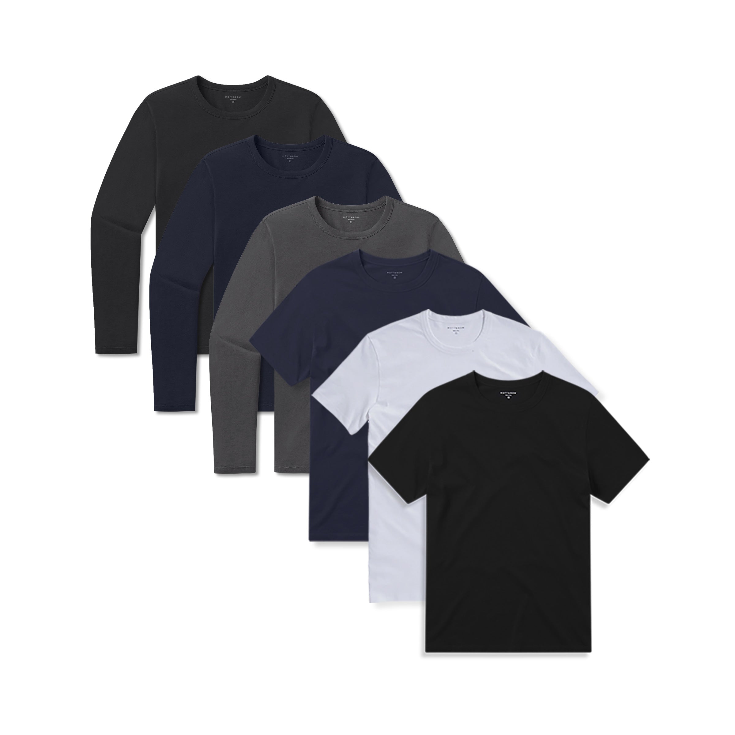  wearing Black/White/Navy/Black/Navy/Dark Gray Short Long Sleeve Driggs 6-Pack tees