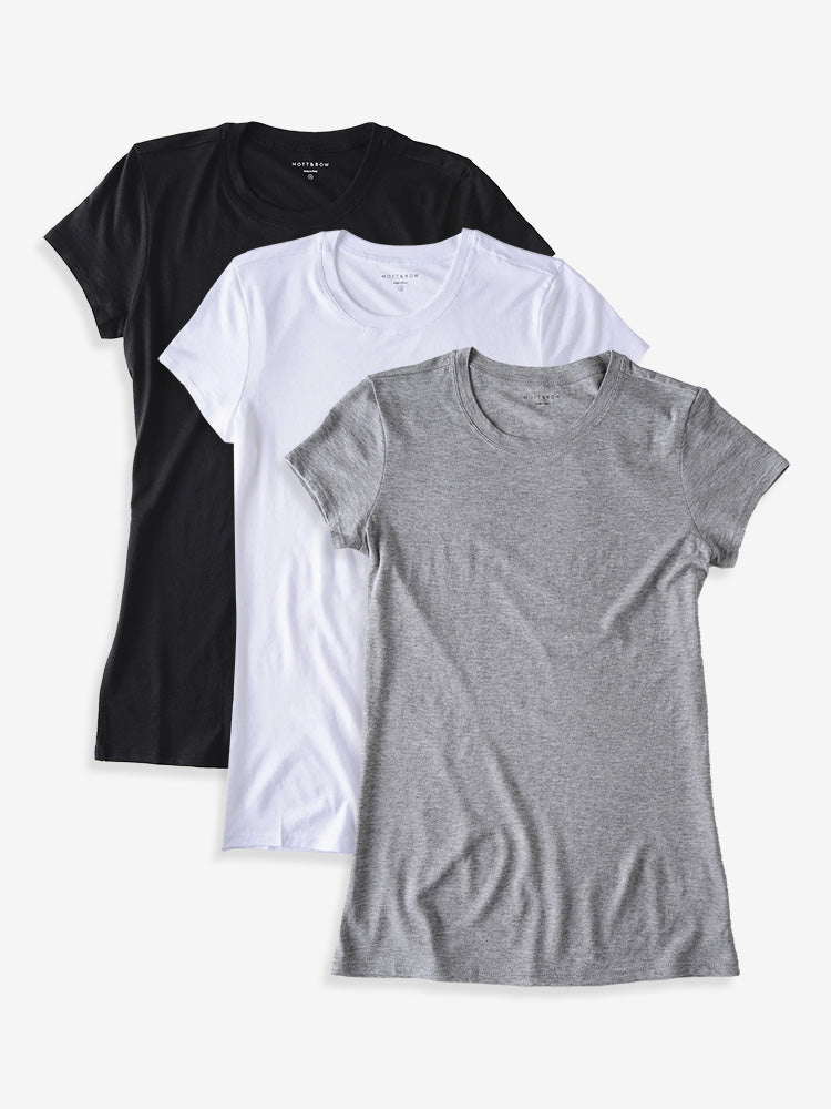 Women wearing Black/White/Heather Gray Fitted Crew Marcy 3-Pack tees