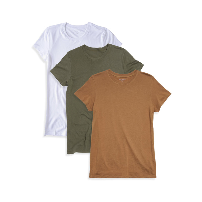 Women wearing Military Green/Cardamom/White Fitted Crew Marcy 3-Pack tees