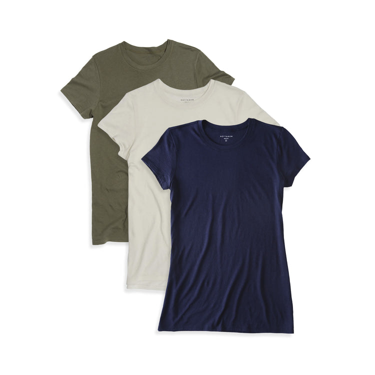 Women wearing Military Green/Navy/Vintage White Fitted Crew Marcy 3-Pack