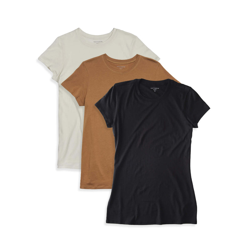 Women wearing Blanco vintage/Cardamomo/Negro Fitted Crew Marcy 3-Pack tees
