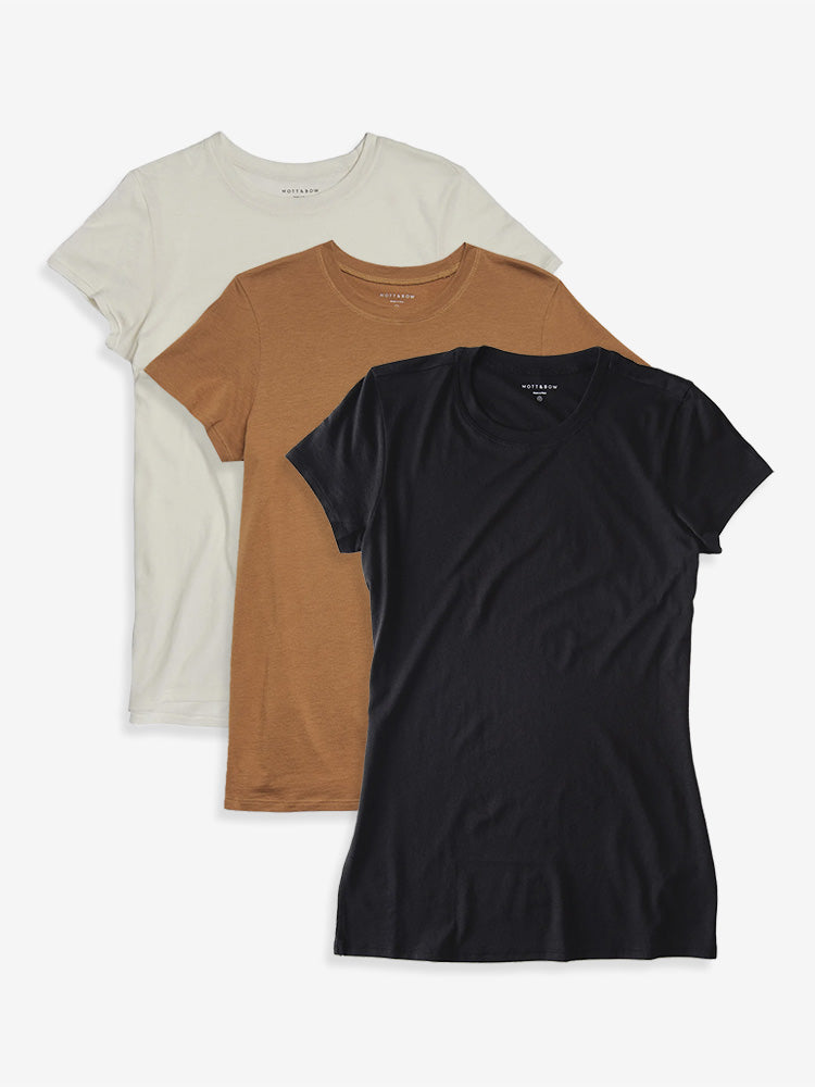 Women wearing Blanco vintage/Cardamomo/Negro Fitted Crew Marcy 3-Pack tees