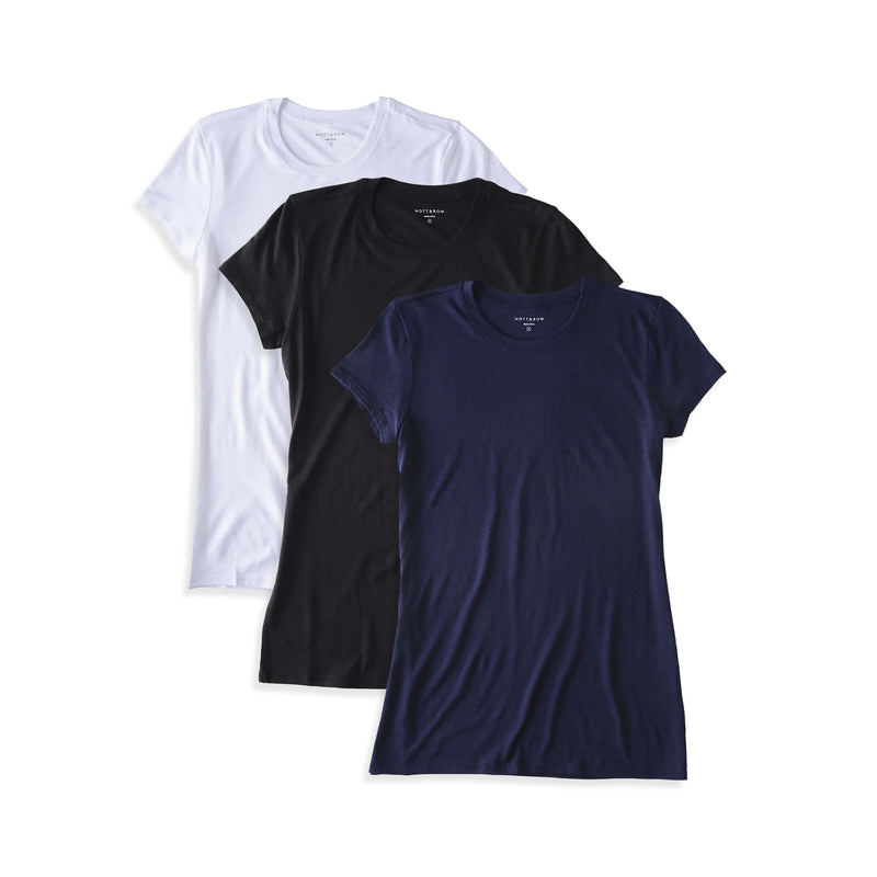 Women wearing White/Black/Navy Fitted Crew Marcy 3-Pack tees