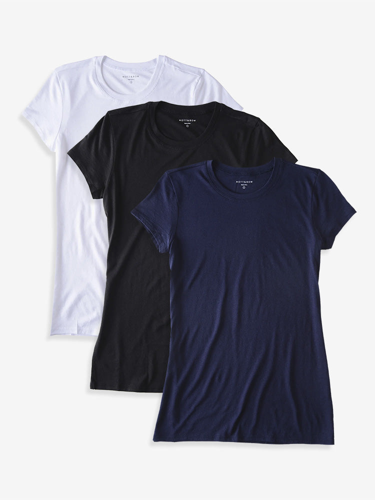 Women wearing White/Black/Navy Fitted Crew Marcy 3-Pack tees