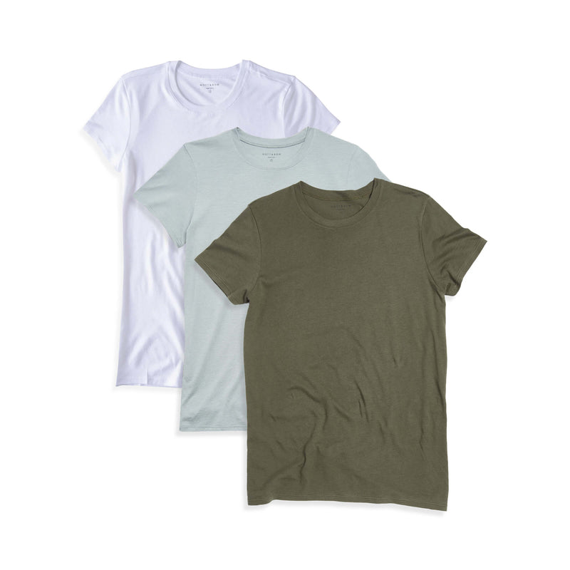 Women wearing White/Vine/Military Green Fitted Crew Marcy 3-Pack tees