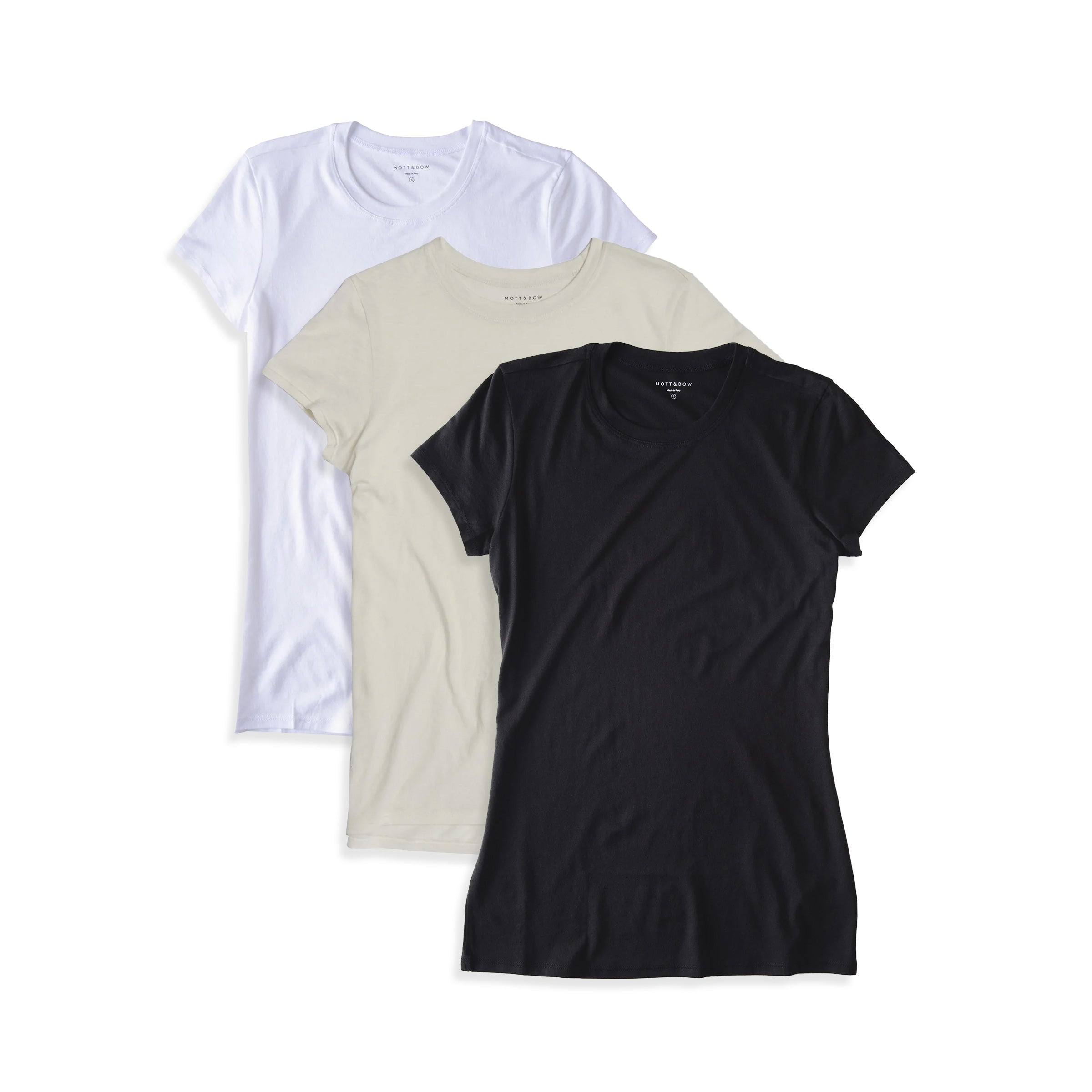 Women wearing Blanco/Blanco vintage/Negro Fitted Crew Marcy 3-Pack tees